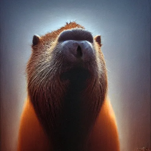 Prompt: a portrait of a capybara wearing, anatomically correct, beautiful perfect face, enigmatic, oil painting, matte, black background, volumetric dynamic lighting, highly detailed, cinematic lighting, unreal engine, 8 k, hd, by beksinski
