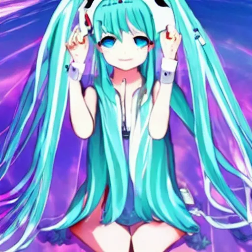 Image similar to hatsune miku high on weed with bloodshot eyes smoking with a vape pen.