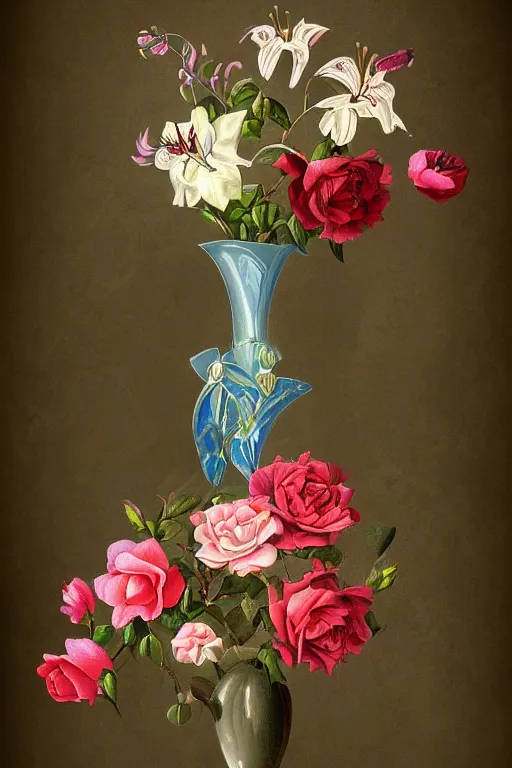 Image similar to beautiful digital matter cinematic painting of whimsical botanical illustration of roses and lilies vase, whimsical scene bygreg rutkowki artstation