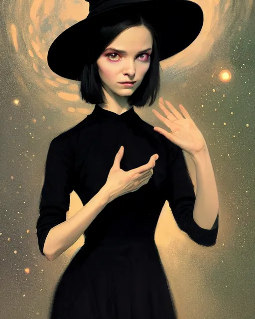 Image similar to high angle picture of a black dress witch researching about the azathoth, model pose, very brightening eyes, huge magic circles on the hand, magic and fantasy, extremely beautiful and aesthetic and detailed cute face, specular reflection, occlusion shadow, intricate, masterpiece, by ilya kuvshinov and jeremy lipking and quentin mabille