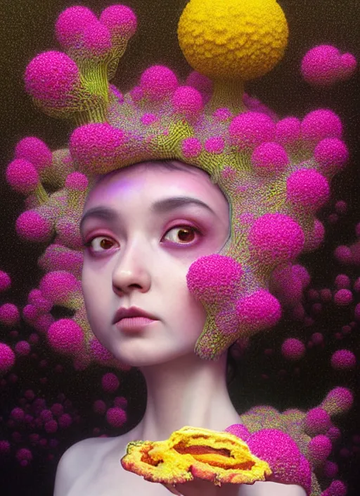 Image similar to hyper detailed 3d render like a Oil painting - kawaii portrait Aurora (black haired Fae) seen Eating of the Strangling network of yellowcake aerochrome and milky Fruit and Her delicate Hands hold of gossamer polyp blossoms bring iridescent fungal flowers whose spores black the foolish stars by Jacek Yerka, Mariusz Lewandowski, Houdini algorithmic generative render, Abstract brush strokes, Masterpiece, Edward Hopper and James Gilleard, Zdzislaw Beksinski, Mark Ryden, Wolfgang Lettl, hints of Yayoi Kasuma, octane render, 8k