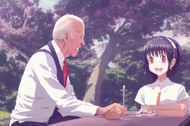 Image similar to photorealistic Joe Biden meets a beautiful smiling anime girl with black hair and hime cut sitting under a tree, anime key visual, digital art, anime screenshot, kyoto animation, makoto shinkai, trending on artstation