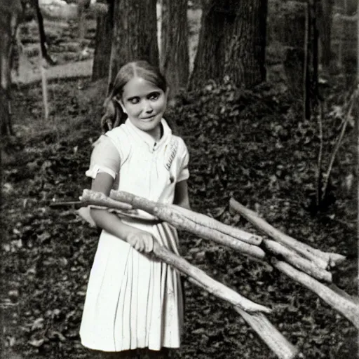 Image similar to a middle-school girl with short brown hair wearing a white dress and holding a bundle of firewood, high resolution film still