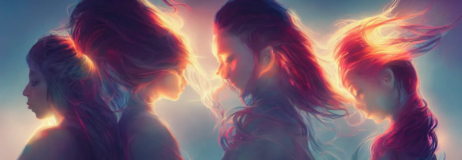 Image similar to album art two people back to back connected by their spiral hair bold colors, epic lighting, minimal background Greg rutkowski