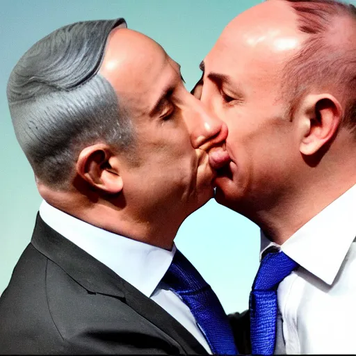 Image similar to benjamin netanyahu kissing naftali bennet, realistic, detailed