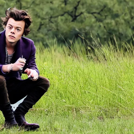 Image similar to harry styles sat on the toilet in the middle of a field