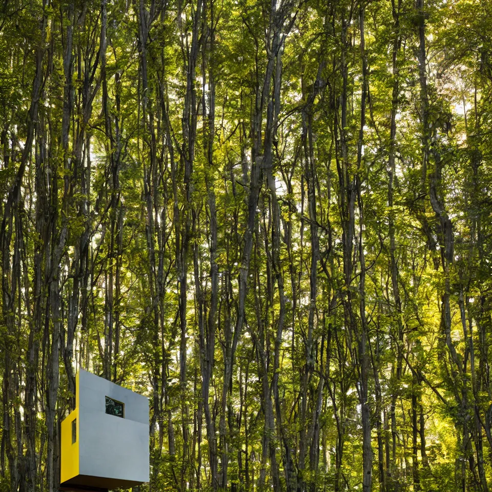 Prompt: a tiny tiny house in a light forest, designed by Frank Gehry. Tiles. Film grain, cinematic, yellow hue