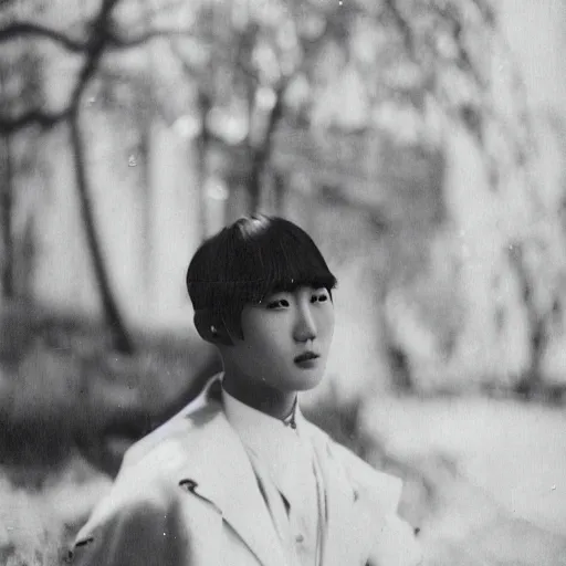 Image similar to 1920s photograph of Junkook from BTS, focus 35mm film look