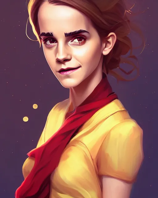 Image similar to a portrait of a beautiful full body Emma Watson smiling, pretty gold and red dress, art by lois van baarle and loish and ross tran and rossdraws and sam yang and samdoesarts and artgerm, digital art, highly detailed, intricate, sharp focus, Trending on Artstation HQ, deviantart, unreal engine 5, 4K UHD image