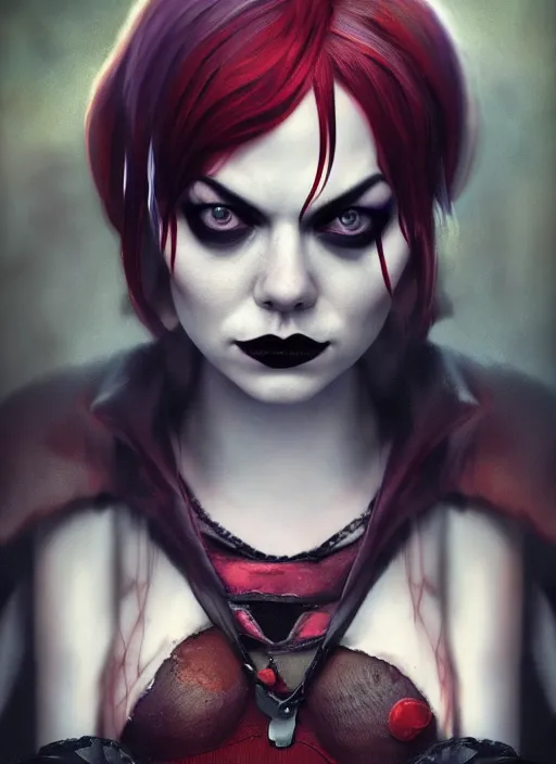 Image similar to dark goth gothic autumn portrait of emma stone as harley quinn, pretty face, hyper detailed, digital art, cinematic lighting, studio quality, smooth render, unreal engine 5, octane rendered, art style by klimt and nixeu and ian sprigger and krenz cushart.