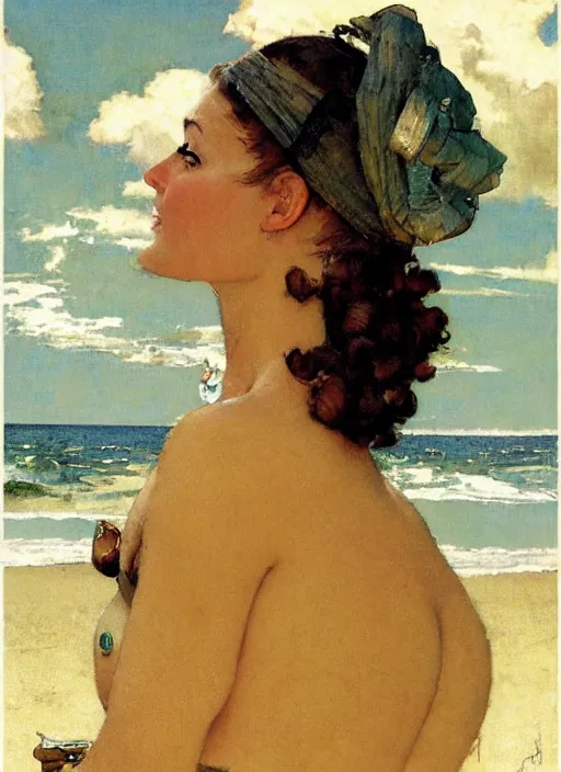 Image similar to illustration upper body and head portrait of elegant woman in the beach, by norman rockwell, roberto ferri, daniel gerhartz, edd cartier, jack kirby, howard v brown, ruan jia, tom lovell, frank r paul, jacob collins, dean cornwell, pulp 5 0 s scifi