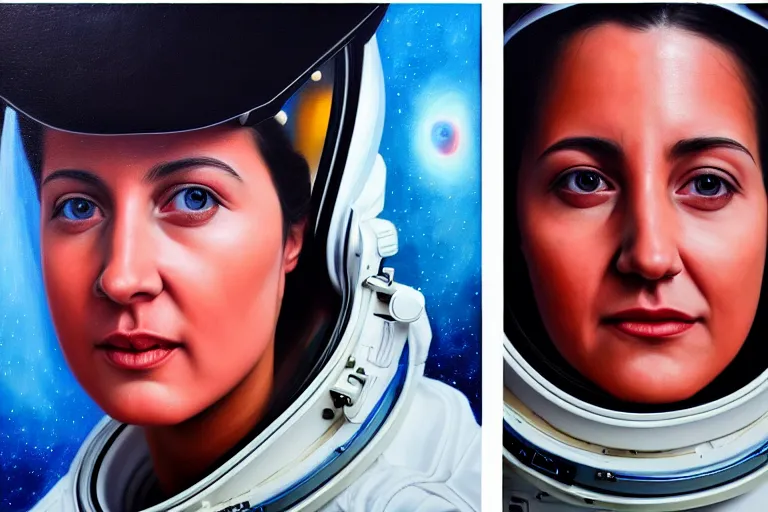 Image similar to ( ( a beautiful 8 k photorealistic masterpiece oil - painting ) ( close up ) and ( zoom out ) ( of ( sanna marin in a space suit ) ( confident world leader ( stoic ) ) ) ( hyperrealism ) ( 1 6 k ) ( trending on artstation )