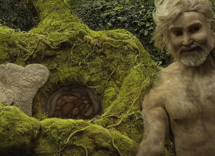 Image similar to jim henson's labyrinth. carved stone overgrown with moss. stonewalls creatures, plants, and social situations will be easier. by edgar maxence and caravaggio and michael whelan and delacroix style, artistic, intricate painting, cinematic lighting, hyper realistic, extremely detailed, 8 k resolution, establishing shot, dramatic lighting