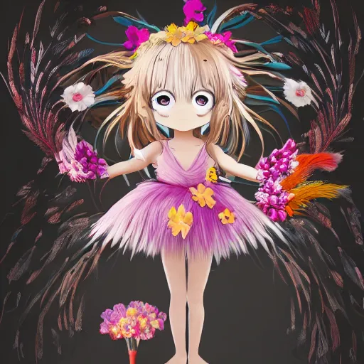 Image similar to little girl with flowers in hair wearing an dress made of feathers, anime style, 8 k, cgi, concept art