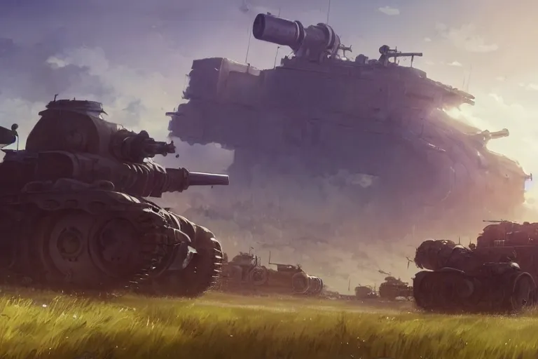 Image similar to concept art of an open field with ruined dieselpunk orcish tanks in the background, key visual, ambient lighting, highly detailed, digital painting, artstation, concept art, sharp focus, by makoto shinkai and akihiko yoshida and hidari and wlop