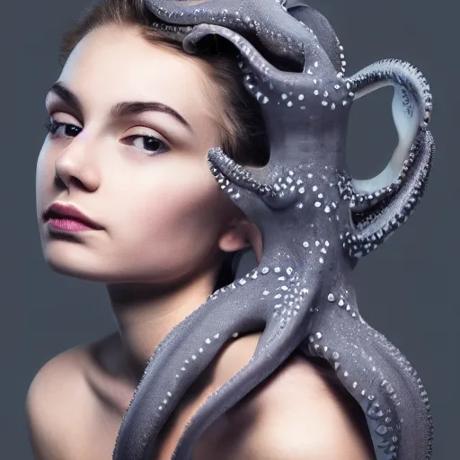 Prompt: girl with a gray octopus for hair, beautiful face, pretty face, photorealistic, 4 k resolution, wide angle lens, 1 5 mm, depth of field, serene, digital art.