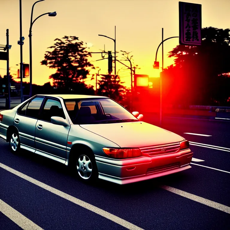 Image similar to close-up-photo 1997 TOYOTA CAMRY middle of street, sunset kanagawa prefecture, night, cinematic color, photorealistic, highly detailed,