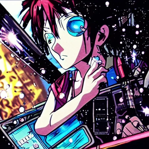 Image similar to anime of a punk cyborg woman breaking a crt tv, water particles floating in the air, finely detailed facial features, weathered drawing, film grain, bright neon lighting, dark pastel colors, drawn by satoshi kon, katsuhiro otomo