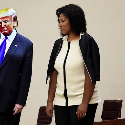 Prompt: a court depicting donald trump and a female black judge giving sentence