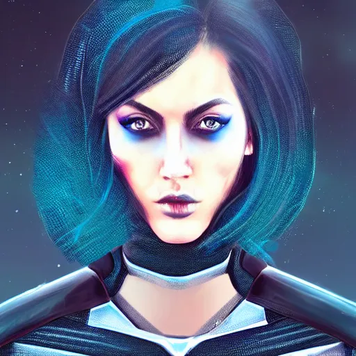 Image similar to a stunning upper body portrait of a beautiful young woman wearing futuristic deep black battle bodyarmor with ombre navy blue teal hairstyle blowing in the wind by marvel comics, digital art, trending on artstation