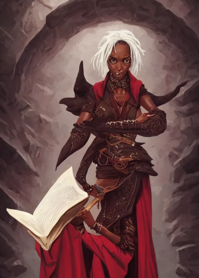 Image similar to a female dnd wizard's portrait by brian patterson and rhads, black skin, african, ethiopian, red robes, necromancer, clear - eyed, elegant bones, skulls, papers and tomes