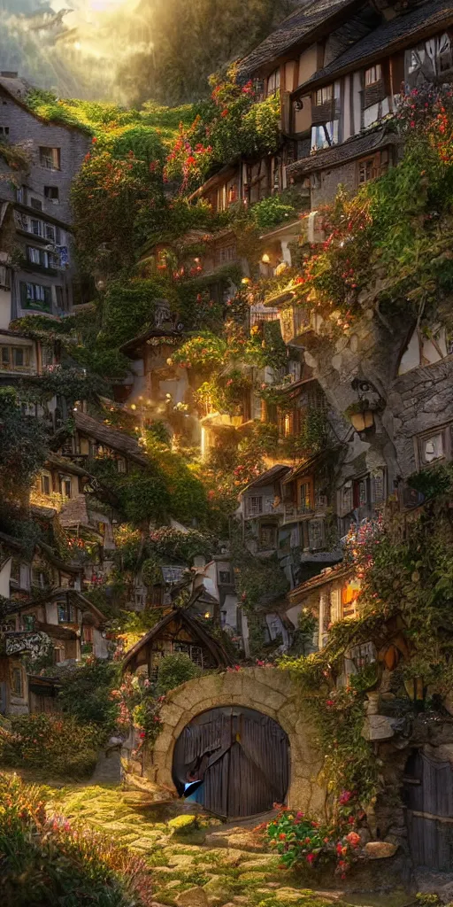 Image similar to my precious! - the hobbit - j. r. r. tolkien - a medieval village in switzerland, ornate, beautiful, atmosphere, vibe, flowers, concept art illustration, greg rutowski, volumetric lighting, sunbeams, particles