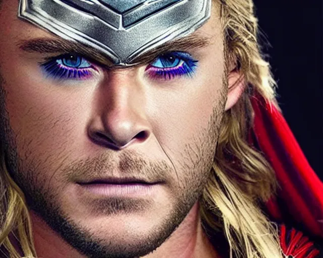 Prompt: chris hemsworth as thor with exaggerated drag queen makeup, digital art, amazing detail, photorealistic