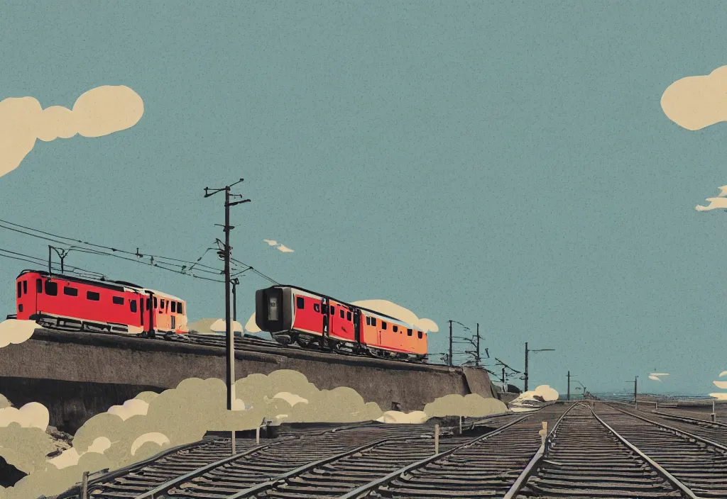 Prompt: low angle seaside landscape train rural japan, a collage painting, in the style of wes anderson, lola dupre, david hockney, isolated on negative white space background dark monochrome fluorescent neon spraypaint accents volumetric octane render