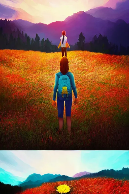 Image similar to giant daisy flower head, girl hiking in the mountains, surreal photography, sunrise, dramatic light, impressionist painting, colorful clouds, digital painting, artstation, simon stalenhag