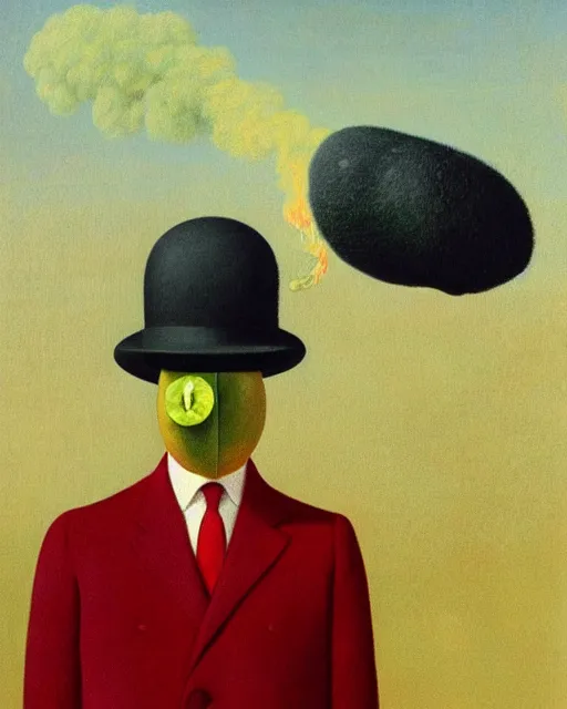 Prompt: painting of a man with a kiwifruit covering his face, wearing a bowler hat and overcoat with a red necktie, standing in front of a barren wasteland of smoke and fire, oil on canvas, style of Rene Magritte, by René Magritte