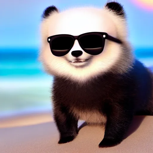 Prompt: a closeup photorealistic photograph of a stylish panda themed Pomeranian puppy wearing sunglasses at the beach during sunset This 4K HD image is Trending on Artstation, featured on Behance, well-rendered, extra crisp, features intricate detail and the style of Unreal Engine.