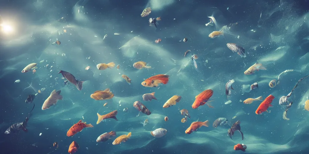 Prompt: a group of fishes of different types and sizes swimming between the clouds in outer space, stars and suns in the background, landscape, Artstation Trending, cgsociety, high quality, very coherent, ultra realism, high definition, post processing, unreal engine, 8k, high resolution, octane render, 4k UHD, photographic, digital art, art by uroš golubović artstation + bobryshev aleksandr artstation + ranulf busby doku artstation + echo lima artstation