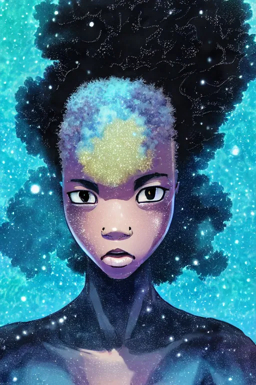 Prompt: ( a young black girl with a nebula afro ), trending on pixiv fanbox, painted by makoto shinkai takashi takeuchi studio ghibli, akihiko yoshida, yoshitaka amano, wangechi mutu, clean cel shaded vector art, illustration, hd, 8 k