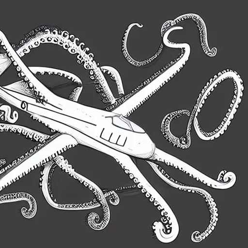Image similar to illustration of an airplane with motors made of octopus tentacles