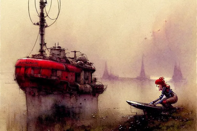 Image similar to adventurer ( ( ( ( ( 1 9 5 0 s retro future robot android mouse house boat tug boat calm stream. muted colors. ) ) ) ) ) by jean baptiste monge!!!!!!!!!!!!!!!!!!!!!!!!! chrome red