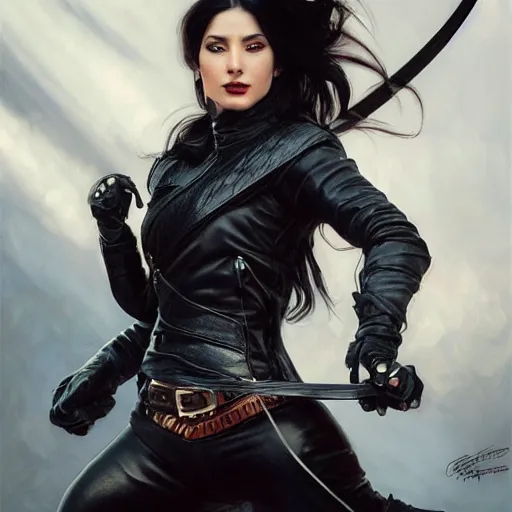 Image similar to an action photo of a black haired woman in a black leather jacket in a swordfight, muscular upper body, abs, d & d, fantasy, intricate, elegant, highly detailed, digital painting, artstation, concept art, smooth, sharp focus, illustration, art by artgerm and greg rutkowski and alphonse mucha