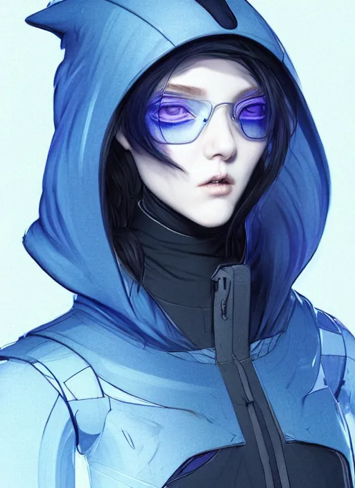 Image similar to full body portrait of blue witch within a techwear. cynical face, concept art, character illustrations, intricate, highly detailed 8 k, smooth, sharp focus, beautiful and aesthetic shape of face and body, artgerm, artstation, art by zexi guo and nira and junpei suzuki and gharliera and rinotuna