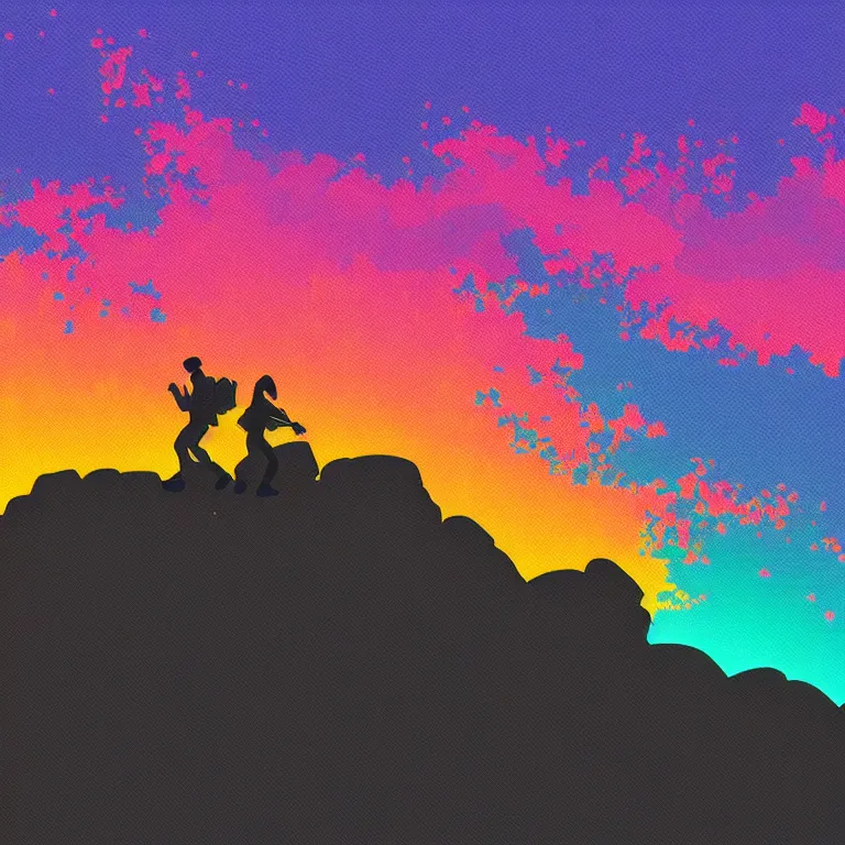 Prompt: pixel art of a dramatically lit night time scene of two colorful hikers wearing headphones and backpacks dancing quietly on a low rocky outcrop overlooking a wavy sea