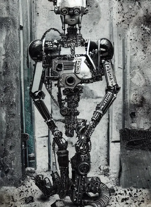 Prompt: old wetplate daguerreotype portrait of futuristic female robot in a deserted city, explosion of data fragments, fractal, intricate, elegant, highly detailed, parallax, leica, medium format, subsurface scattering, by jheronimus bosch and greg rutkowski and louis jacques mande daguerre