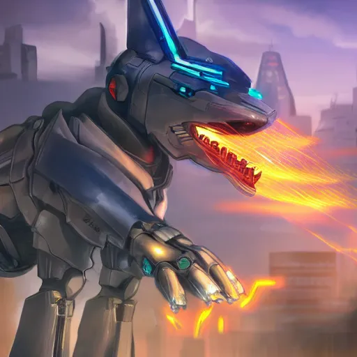 Image similar to highly detailed cinematic shot of a mecha canine, sharp claws, glowing visor, charging through city, digital art, furry art, furaffinity, deviantart, dragon art