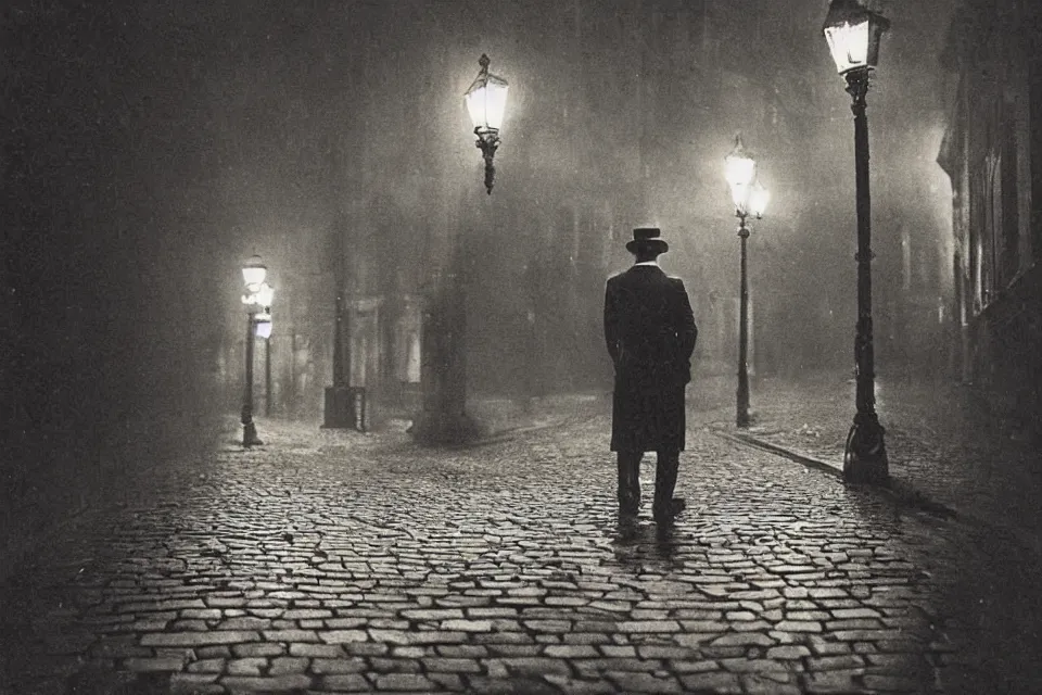 Image similar to wet plate photograph, august strindberg waking alone at night along cobblestone street in vienna, night time, alone, lamplight, victorian era, depth of field, very detailed, fog, highly accurate, intricate