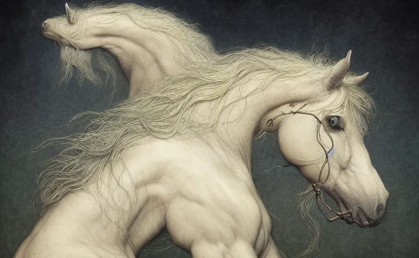 Prompt: horse rabbit hybrid character portrait by jean delville, tom bagshaw, brooke shaden, gustave dore and marco mazzoni, studio ghibli style, high fantasy, detailed fur, intricate details