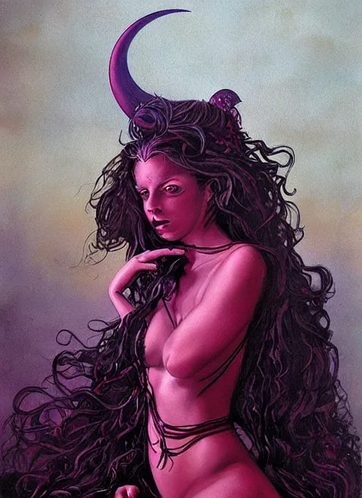 Prompt: portrait of princess of the dreamlands and moon beast, beautiful! coherent! by brom, deep colors, red maroon purple pink black, strong lines