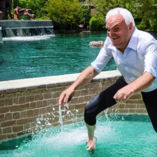 Image similar to mid white hair old man with green shirt and white short, jumping in the water with kevin o'leary