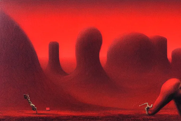 Image similar to only with red, red god of death eat apple, a futuristic city on mars in the background, red worms on the floor, in the style of beksinski, part by hopper, part by rodcenko, part by hofbauer, intricate composition, red by caravaggio, insanely quality, highly detailed, masterpiece, red light, artstation, 8 k