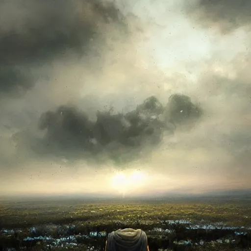 Prompt: Single blue flower growing on an ashen field, apocalyptik city, clouded sky, oil painting, by Greg Rutkowski