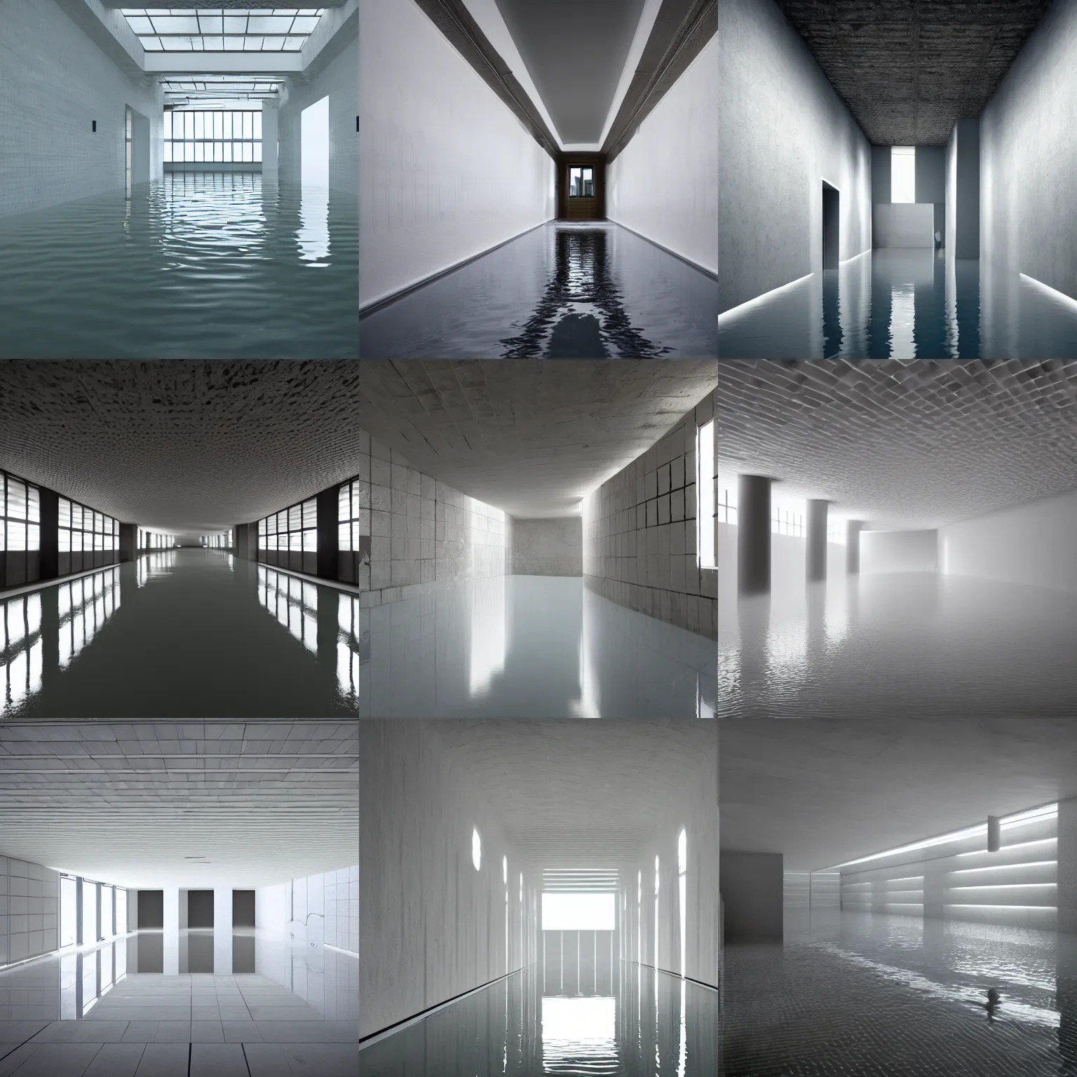 Prompt: photo of a vast interior space of irregular rooms and corridors, bizarre architecture. ceramic white tiles on all the walls. the floor is flooded with one meter deep water. eerie, volumetric lighting, liminal space