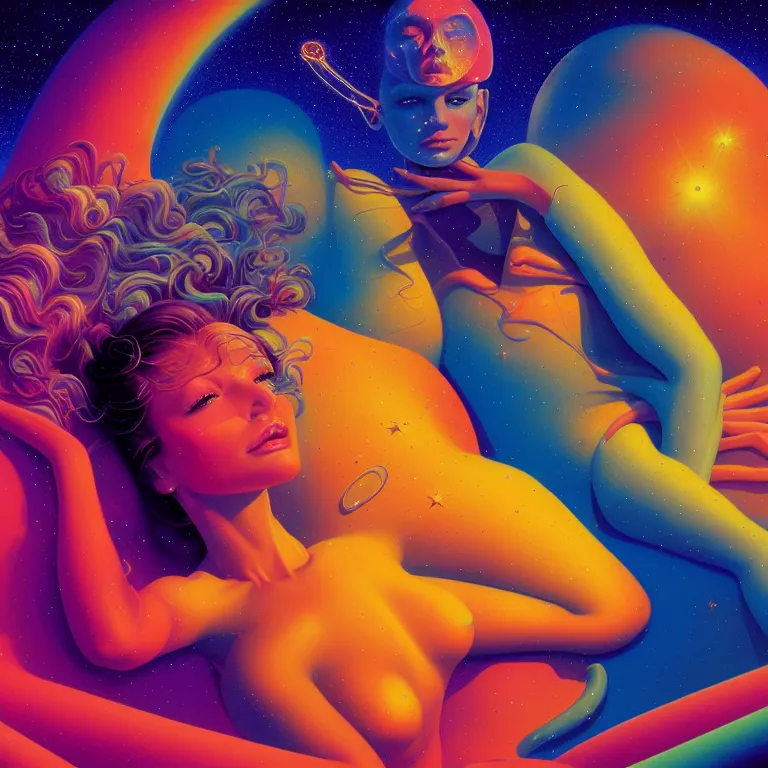 Image similar to cosmic girl, 2 0 yo, reclining close - up, bright neon colors, highly detailed, cinematic, panoramic, tim white, michael whelan, roger dean, bob eggleton, philippe druillet, vladimir kush, kubrick, alfred kelsner, boris vallejo