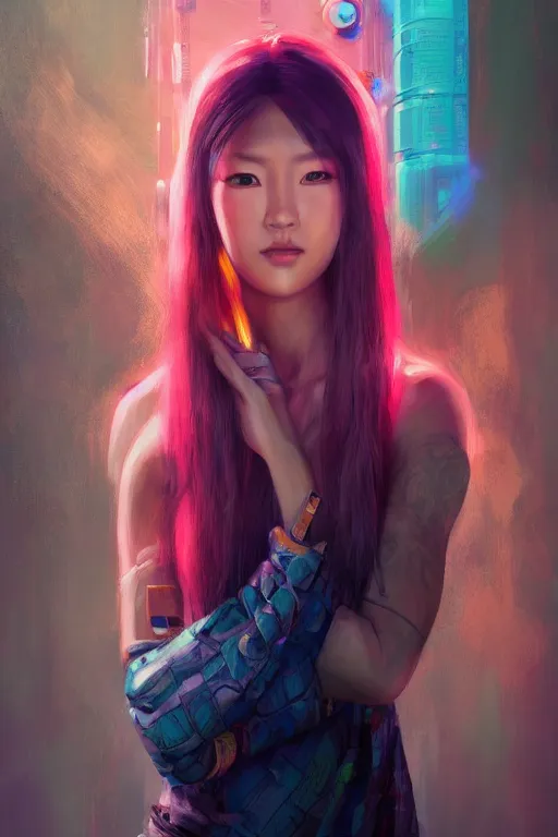 Image similar to stunning highly detailed portrait of a beautiful asian female cyberpunk, soft lighting, pastel neon colors, oil on canvas, strong lighting, by Mandy Jurgens, HD, 4K