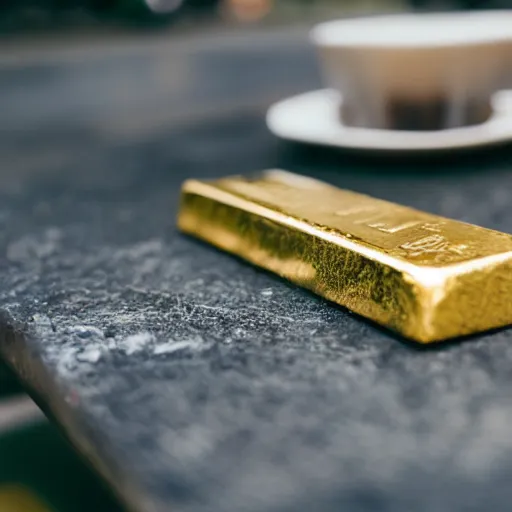 Prompt: a solid gold bar on a cafe table on a sunny day, f / 1. 9 6. 8 1 mm iso 4 0